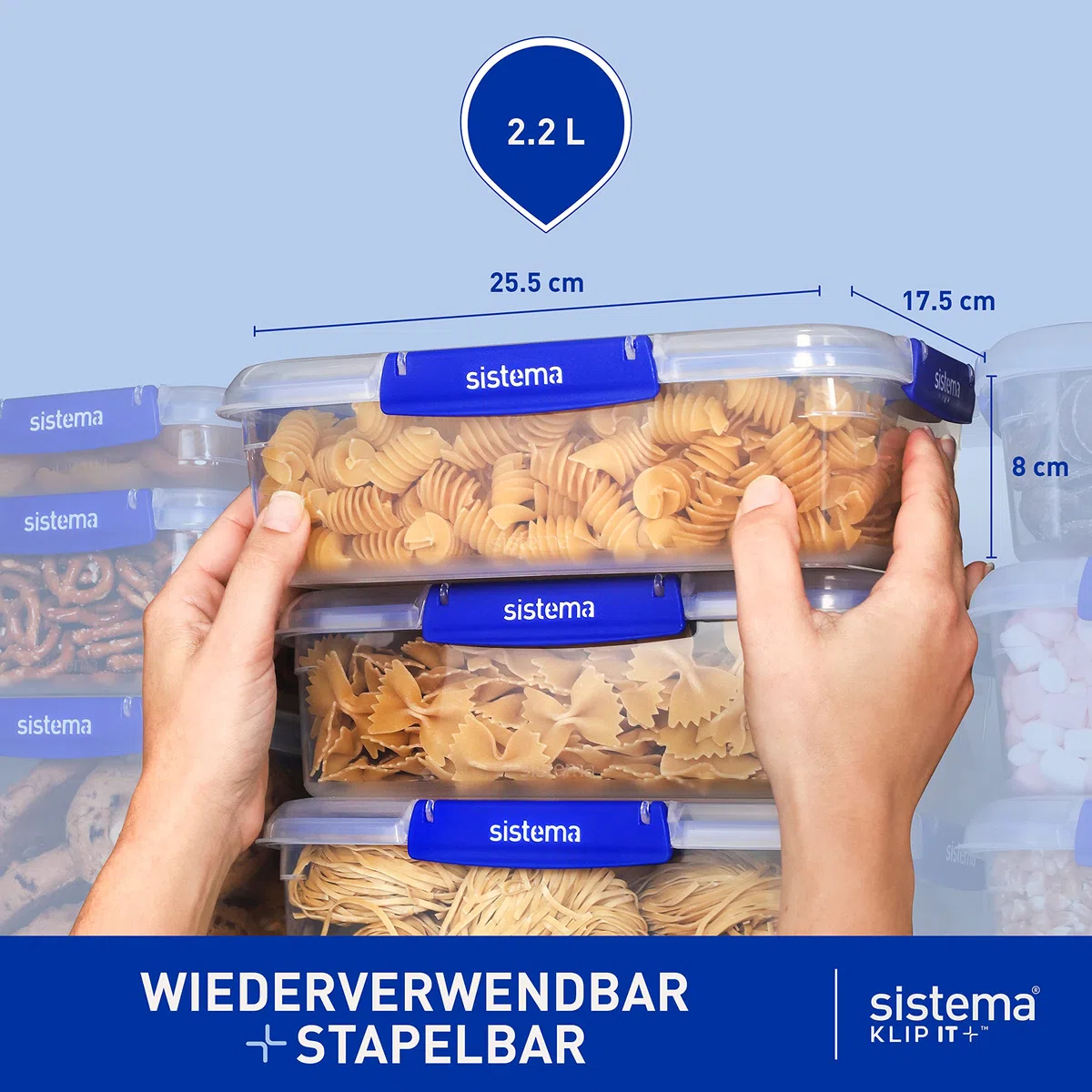 Sistema KLIP IT PLUS Frischhaltedosen Set | 2,2 l | auslaufsichere, stapelbare und luftdichte Vorratsdosen mit Deckel | geeignet für Kühl-/Gefrierschrank | Brotdose schule | 3 Stück