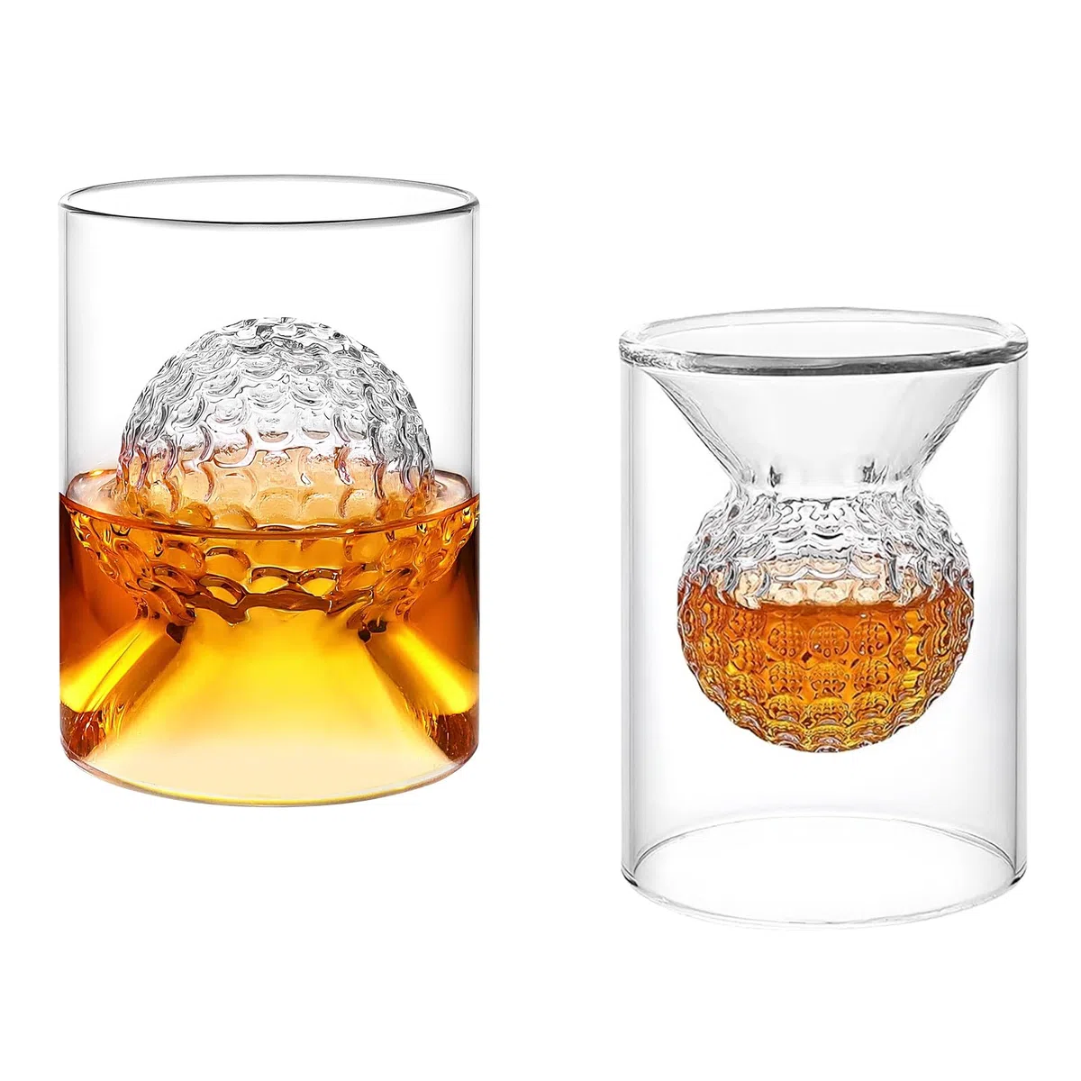 2-teiliges Whiskyglas, Golf-Whiskyglas-Set, 50 ml, Whiskyglas mit eingebettetem Golfball, Kaffeetasse, Weinglas, Rotweinglas für Cocktail-Geschenke für Golfer, beide Seiten sind nutzbar