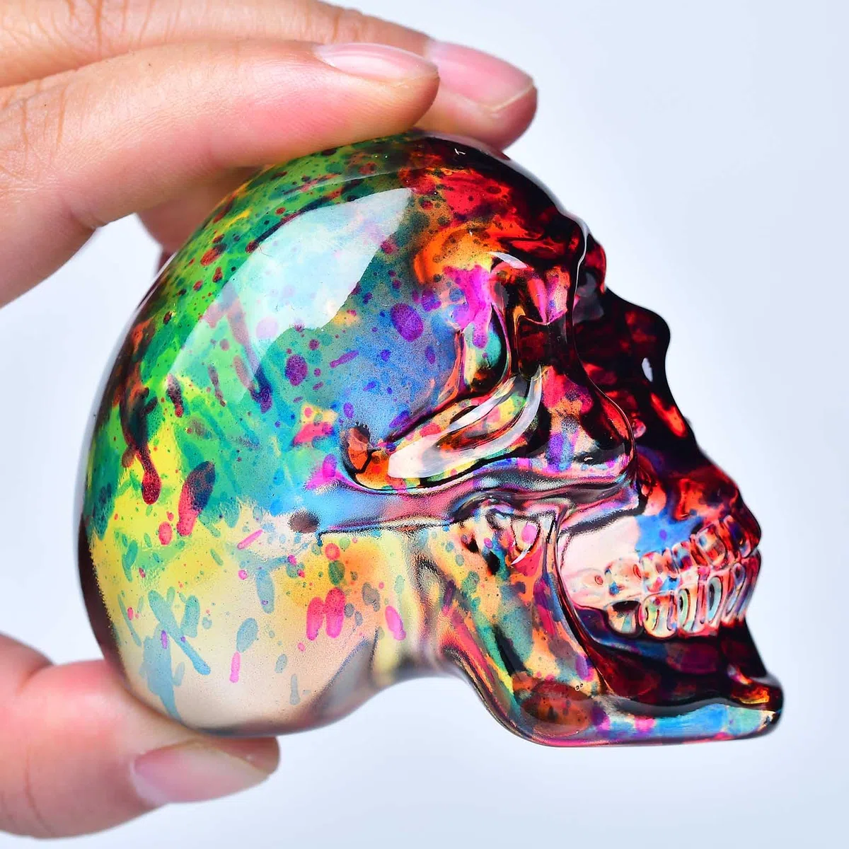Kristall-Totenkopf-Statue – Glas-Totenkopf-Figur, Edelstein, Halloween-Dekoration, Geschenke für Frauen, Rot und Gelb, 7,1 cm
