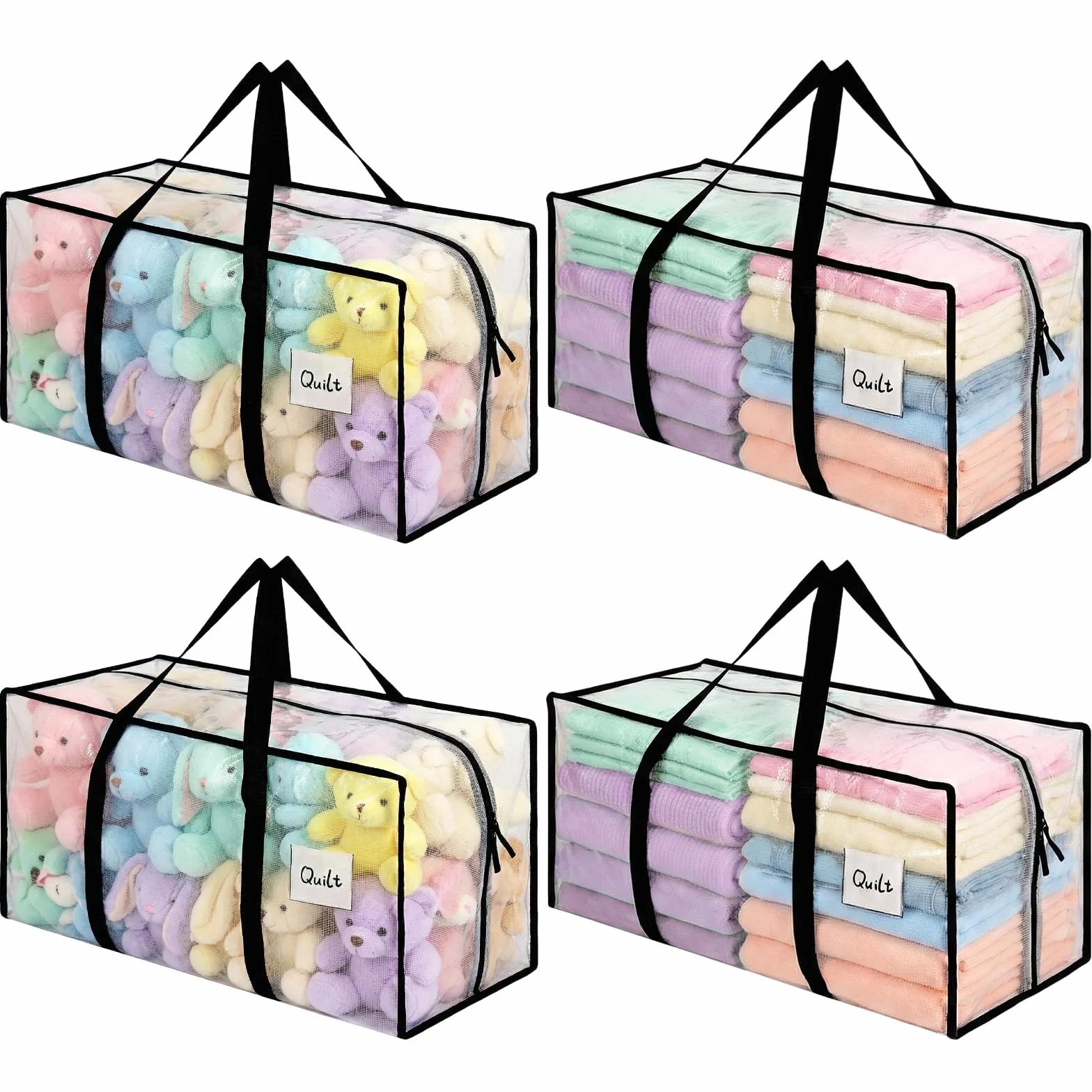 Dntorx 4 Stück 90L Aufbewahrungstasche, Heavy-Duty Weihnachtslager Transparente Umzugskartons Große mit Reißverschluss Griff Faltbar Weihnachtsbaum Tasche für Umzug Bettwäsche Kleidung Aufbewahrung