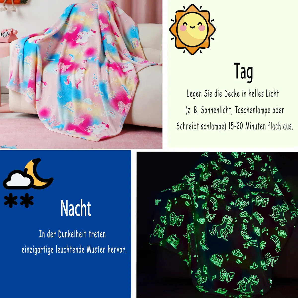 Einhorn Kuscheldecke Kinder, Glow In The Dark Blanket, Einhorn Geschenke für Mädchen 4-12 Jahren, Weihnachten Geschenke Kinder, Kuscheldecke Flauschig Sofadecke für Allergiker & Outdoor, 127x152 cm