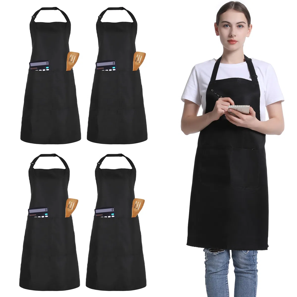 4 Packs Kochschürzen, Unisex verstellbare Schürzen mit 2 Taschen, personalisierte Schürzen für Männer Frauen, professionelle Schürze für Kochen, Gartenarbeit, Küche, Restaurant, Kaffeehaus (Schwarz)