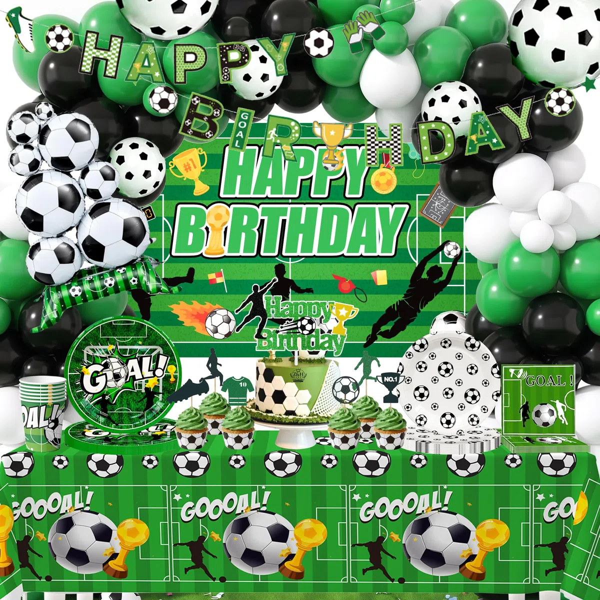 Fussball Deko Geburtstag,137 Stück Fußball Partygeschirr Set Party Pappteller Tasse Tischdecke Luftballon Banner etc Fußball Deko Geburtstag