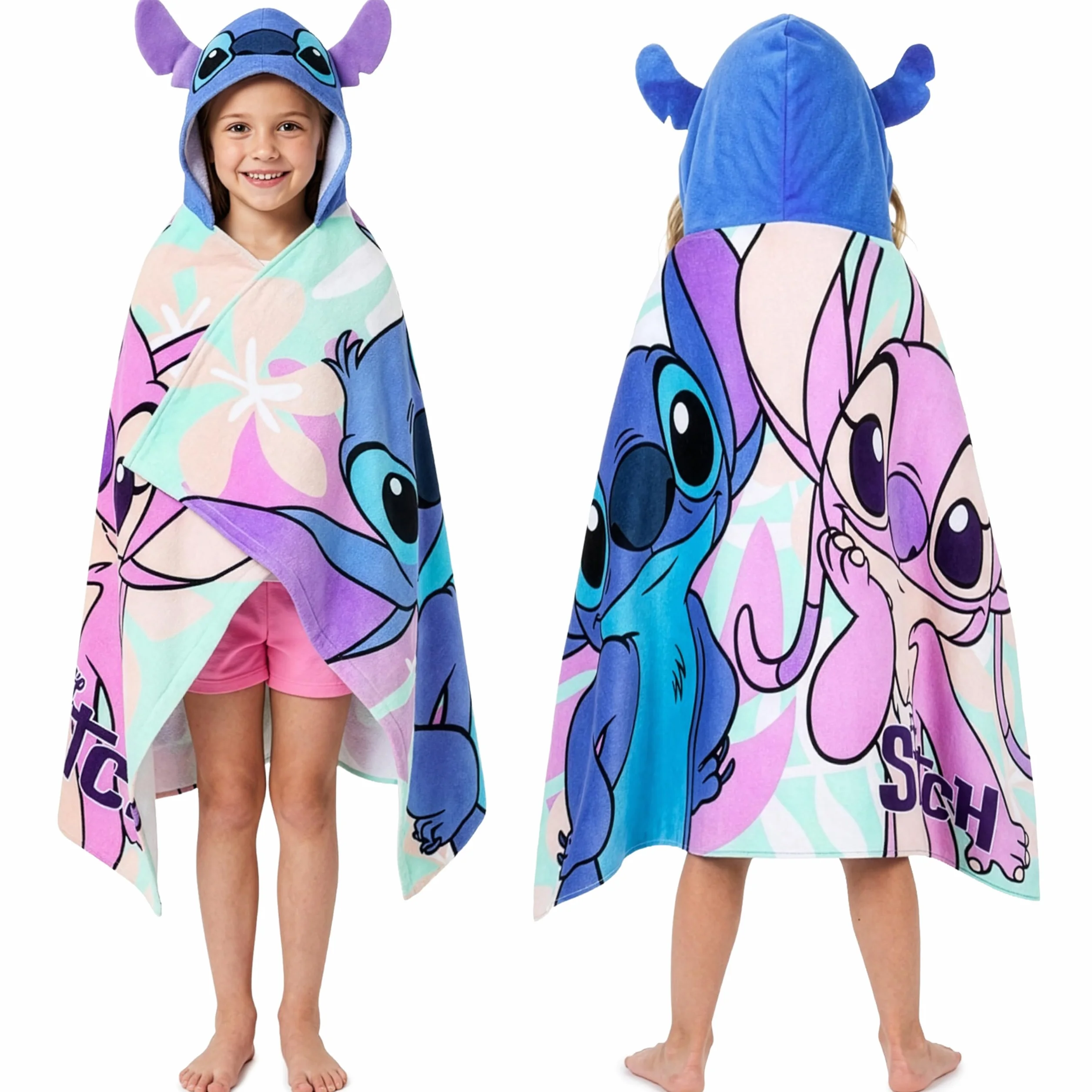 Disney Stitch Badetuch Poncho Badeponcho Kinder Strandtuch Mädchen mit Kapuze Weiches Schnelltrocknendes Handtuch für Strand Schwimmen (Blau/Mehrfarbig Stitch, 6-14 Jahren)