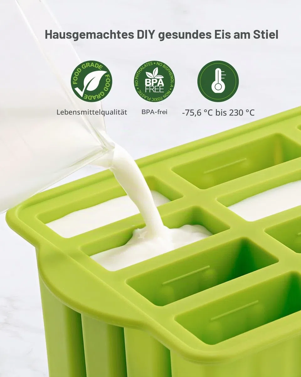 Eisformen Silikon,MEETRUE 12 Eis am Stiel Formen Silikon Eisformen Wiederverwendbar Popsicle Formen Leicht zu lösende BPA-freie Eis-Pop-Hersteller für Kinder und Erwachsene DIY Popsicle,Grün