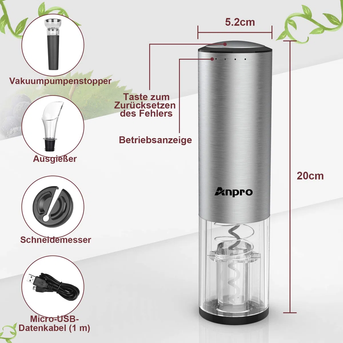 Anpro Korkenzieher Elektrisch, Elektrischer Korkenzieher Set, Automatische Weinöffner Flaschenöffner mit Folienschneider, Vakuum Stopper und Ausgießer, Silber