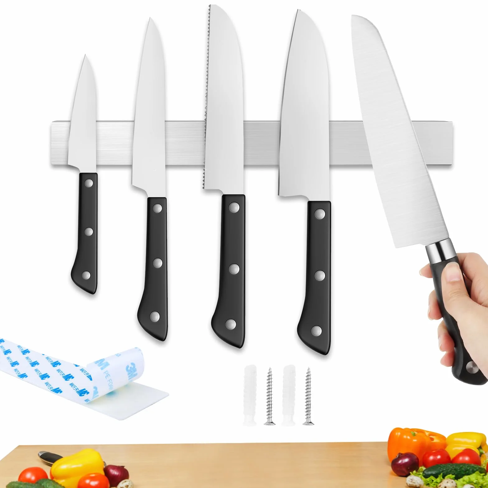 Magnetleiste Messer 40cm aus Edelstahl, MXTIMWAN Messerleiste Magnetischer Magnetisch, Magnetleiste Selbstklebend aus Edelstahl, Messermagnete Wand für Messer, Küchenutensilien, Werkzeuge
