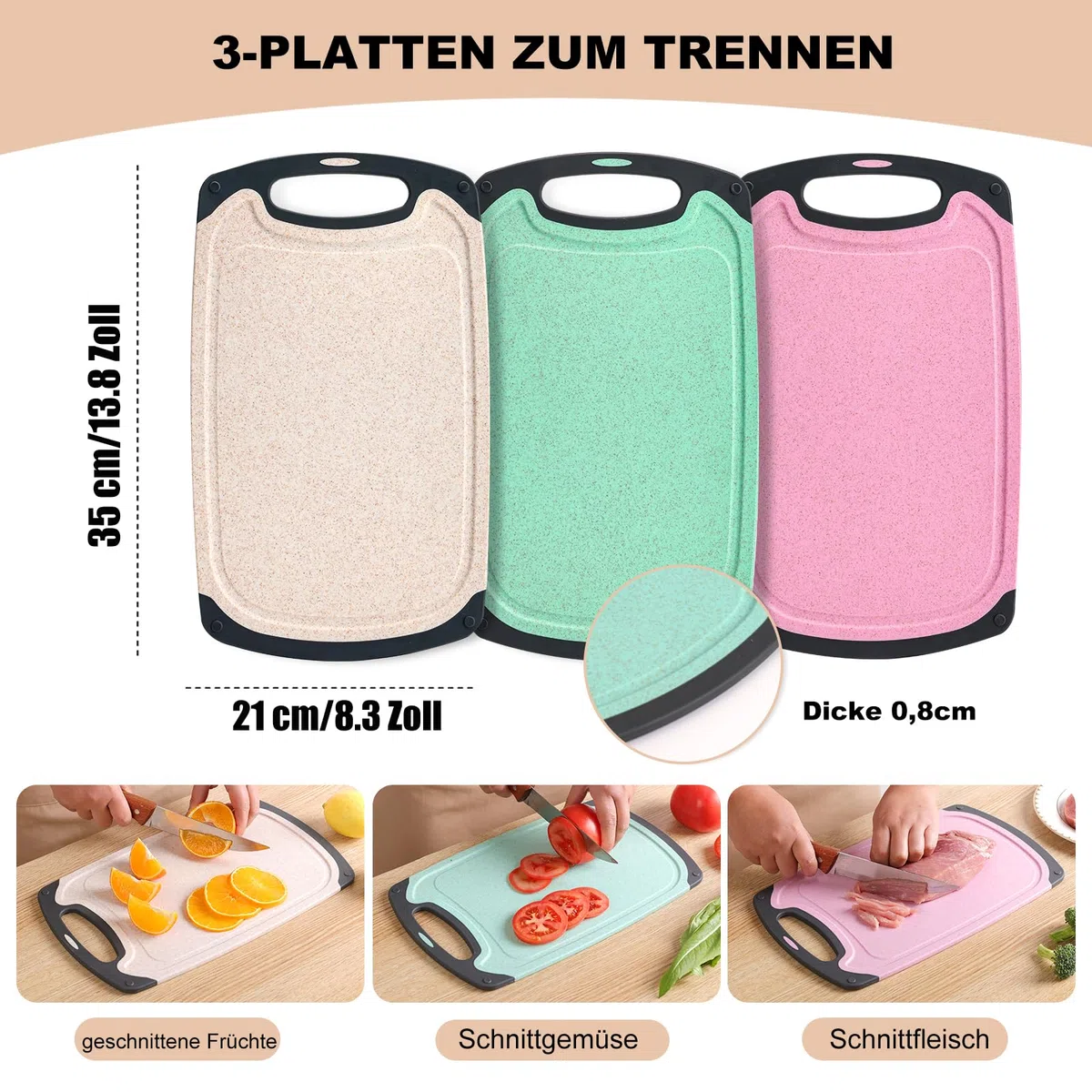 Schneidebrett Set 3 Stück Weizenstroh Küche Schneidebretter BPA Frei mit Saftrillen Leicht Zu Greifen, Hängenden Löchern, Rutschfestem, Spülmaschinenfestem Schneidebrett (Beige + Grün + Pink)