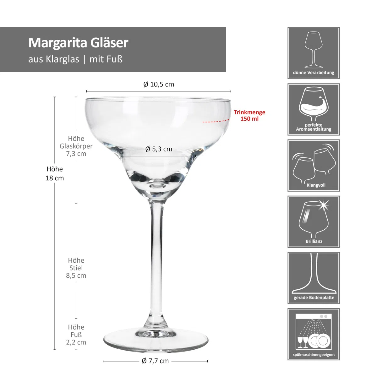 MamboCat 4er Set Margarita Gläser I 150ml, Höhe 18cm I für 4 Personen I klares breites Cocktailglas für Frozen Drinks, Daiquiri & Co. I transparente Gläser für Zuhause, Partys & Co
