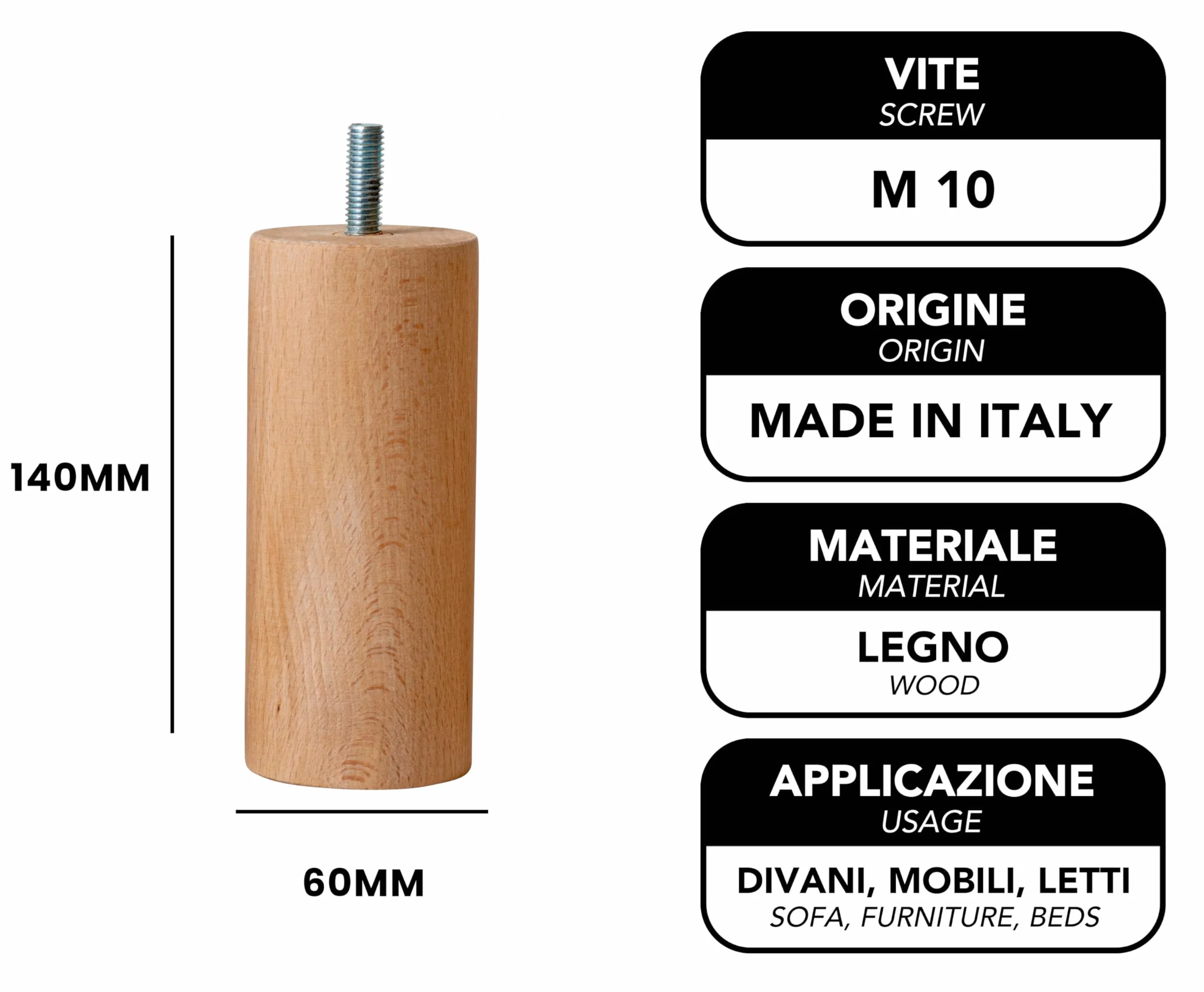 IPEA Möbelfüße aus Holz - Sofa Füße – Höhe 140 mm – [ MINIMALES UND Elegantes Design ] - Set mit 4 Rohholzfüßen für Schränke, Sessel, Wohnmöbel - Möbelbeine – Möbelfuß M10 Schraube - 4er Pack
