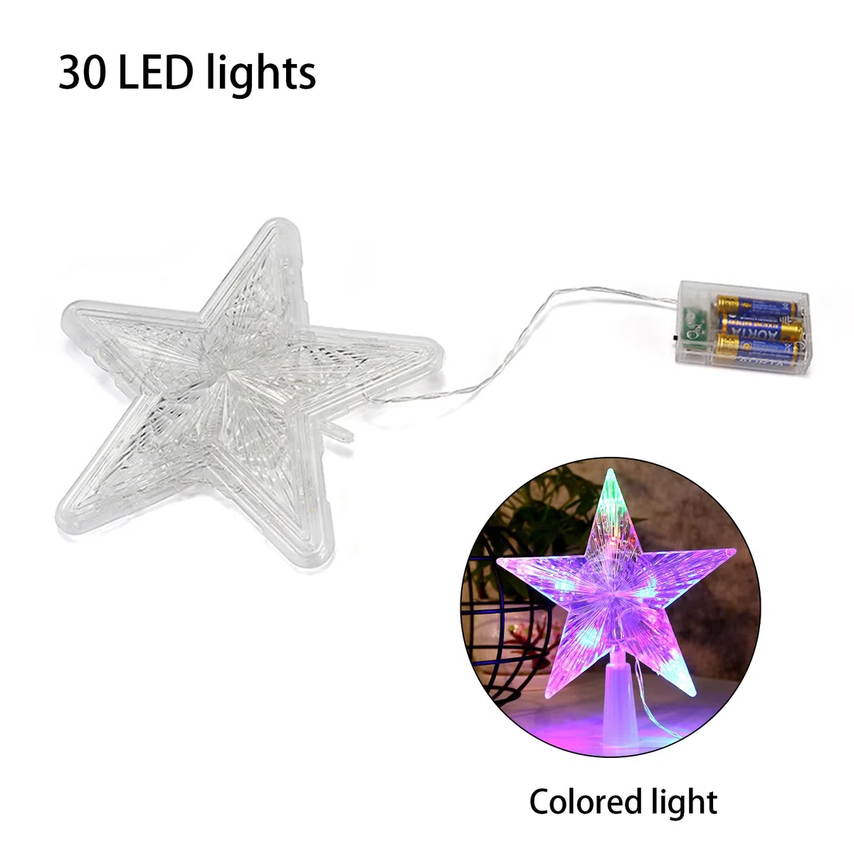 Christbaumschmuck, Weihnachtsbaumspitze mit 10 LED Benötigt Batterien - 23 x 23 cm, Leuchtendes Weihnachtsbaum-Pentagramm, Weihnachtsbaum Stern Spitze Baumspitze (Farbiges Licht, 23 * 23cm)