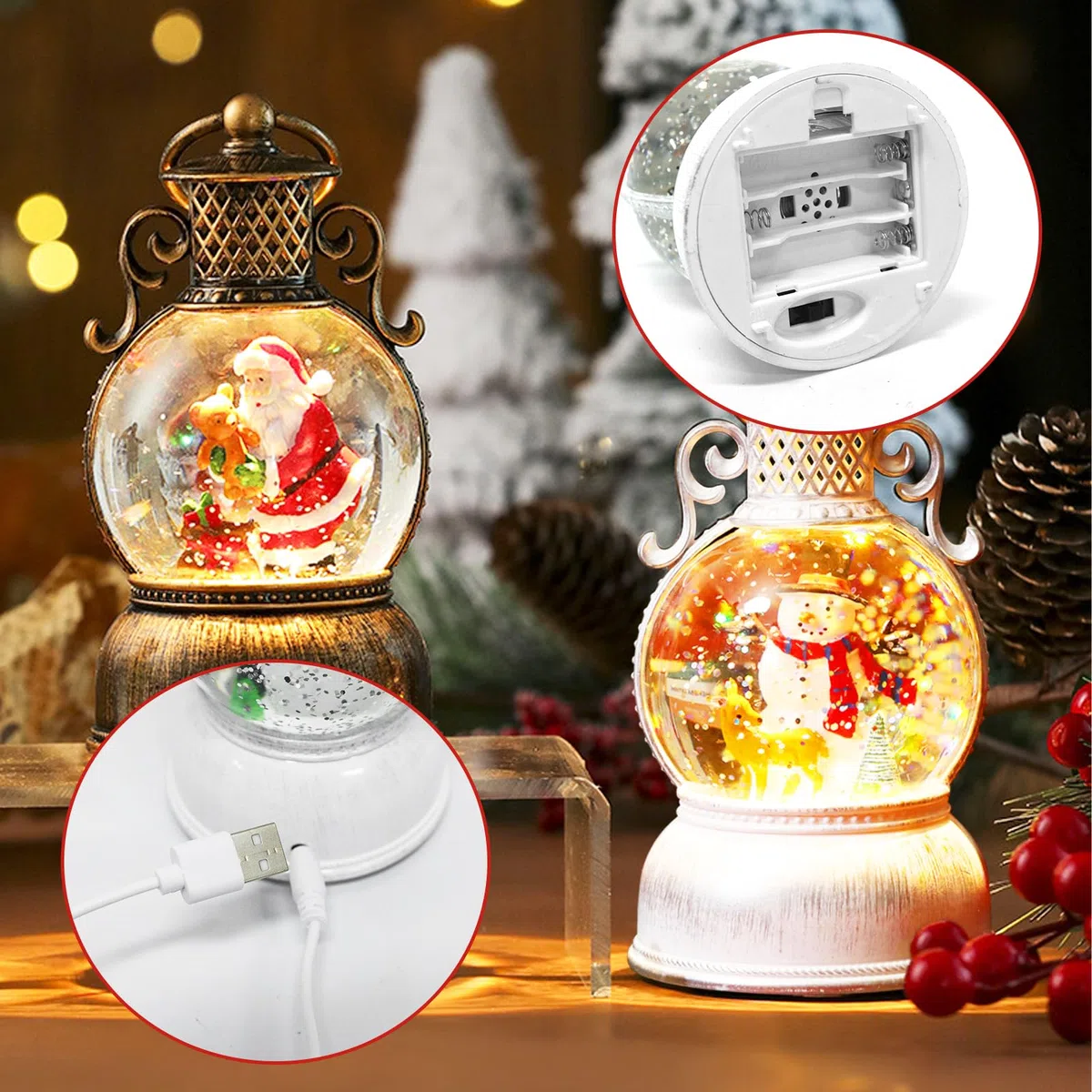 Giugio Weihnachten Deko, LED Schneekugel mit Musik und Licht, Kugellaterne aus Glas mit Schneegestöber, Warmweißes LED-Licht, Geschenk für Weihnachtsfeier, Heimdekoration (A)