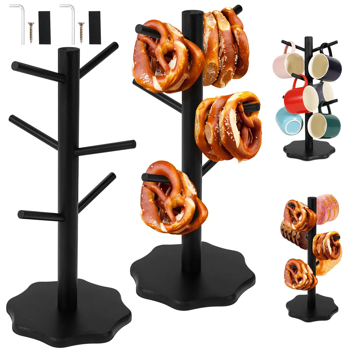 2 Stück Brezelständer,Brezelhalter aus Holz in Baumform,Stabil Tassenhalter,6-armig,Höhe 33cm,Wurststände,Platz sparen,Dekoration für Restaurants,Cafés,Bars,Küche(schwarz)