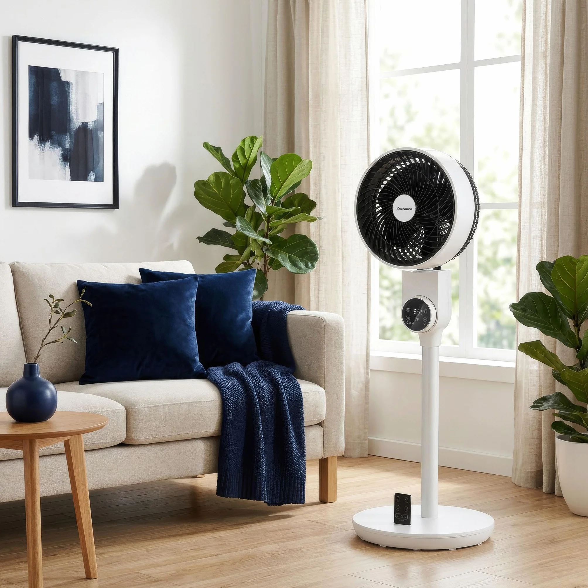 LEHMANN Standventilator, leiser Ventilator mit Schlafmodus & Naturmodus, Timer 12 h, Fernbedienung, LED-Display, 75° horizontale Oszillation + 90° manuell vertikale Neigung, 3 Geschwindigkeiten