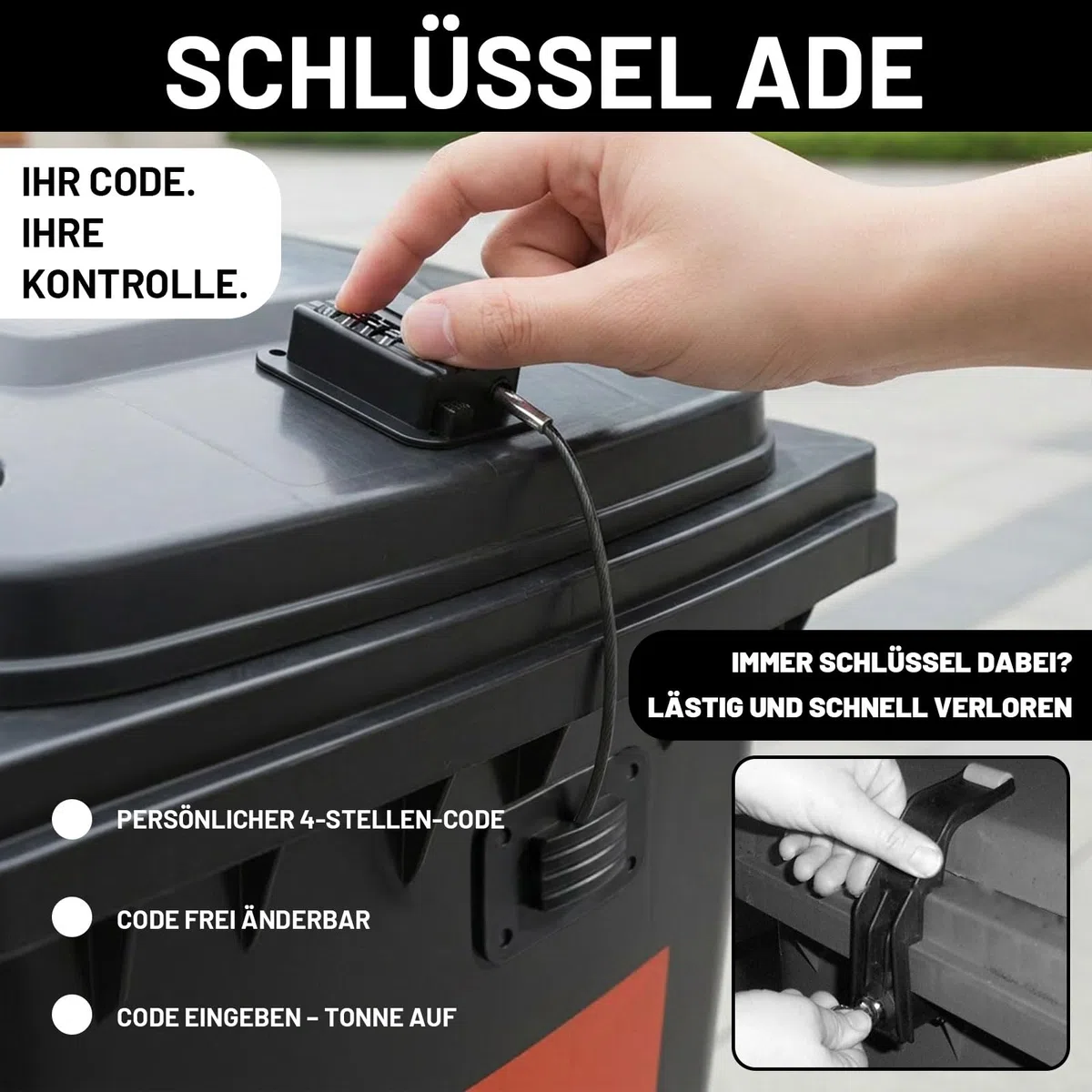 Mülltonnenschloss Mülltonne Schloss - Sicherheitscode-Schloss für Mülltonnen 60-360L, ohne Bohren mit Hochleistungs-Klebeband & Edelstahlseil, wasserdicht