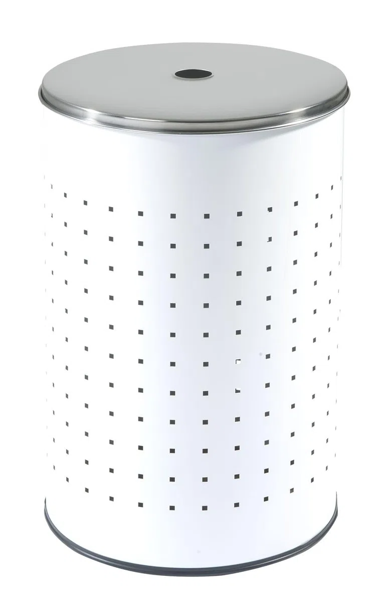 Wäschekorb mit Deckel und Luftlöchern - Edelstahl - Weiß - 54 L - Ø 35,5 cm - 57,5 cm hoch - Wäschetonne Wäschesammler Wäschebox Wäschetruhe