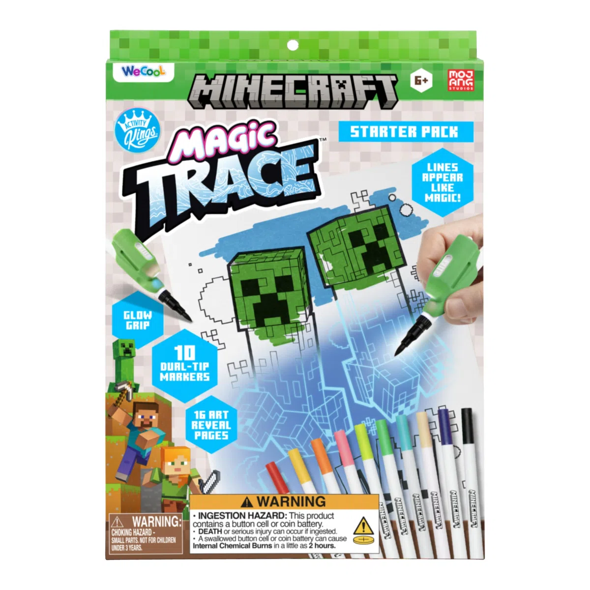 Paladone WeCool Magic Trace Minecraft-Starterset, offiziell, aufleuchtend, Malset mit 16 Seiten zum Nachzeichnen, 10 Marker mit zwei Spitzen, 1 Glow-Grip-Linienzeigestift, Kunst-/Bastelset, ab 6
