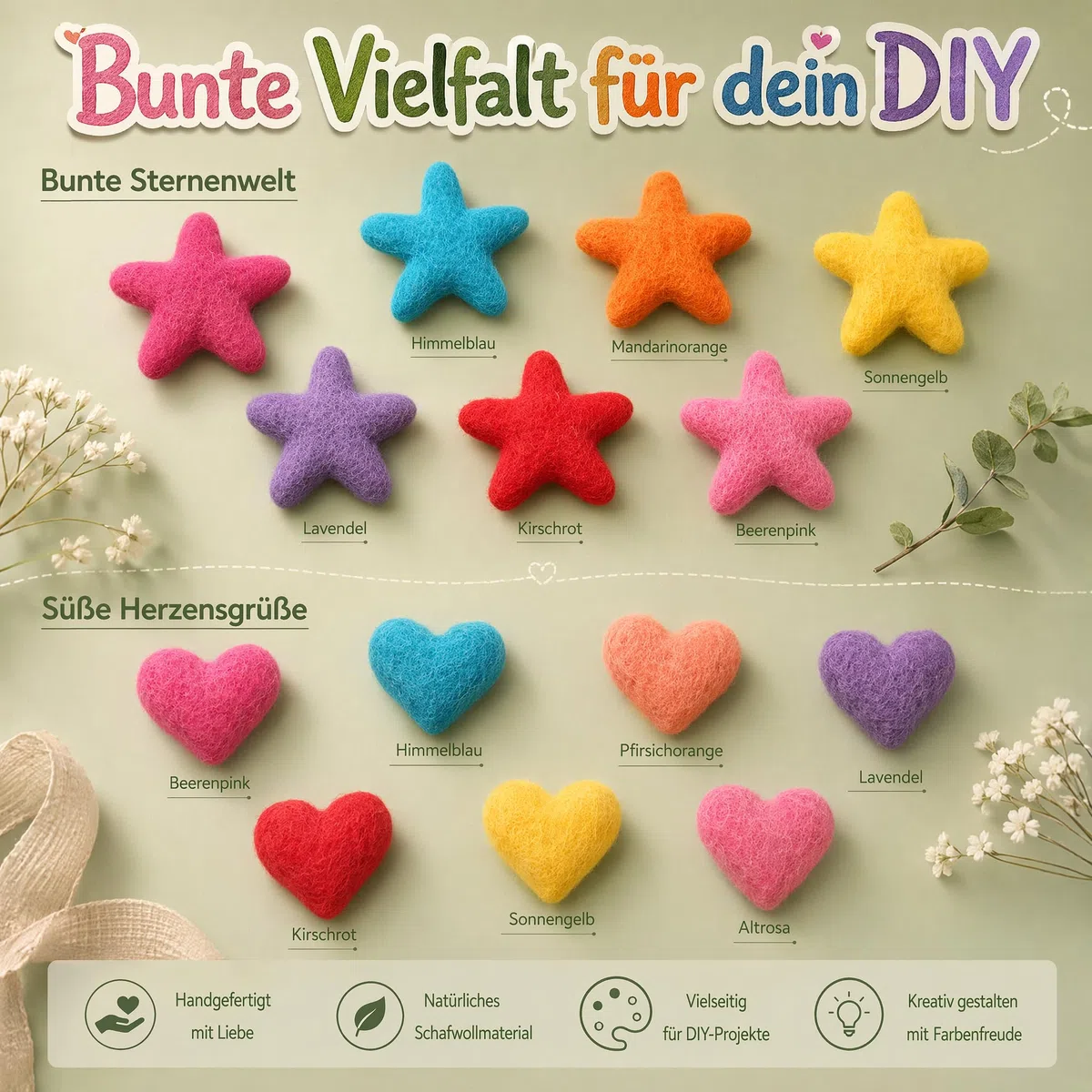 10 Stück Wollfilzkugeln Sternform Herzen aus Filz Niedliche Wollperlen DIY Filzkugeln Handgefertigte Nähen Pom Poms für DIY Heimdekoration Party Requisiten Fotografie Gelb 6cm Stern