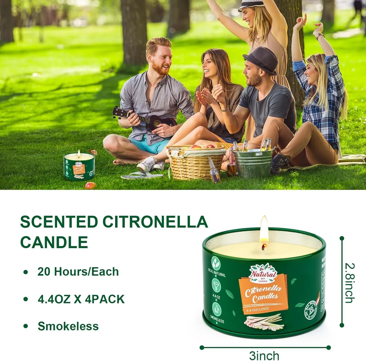 Citronella Kerzen Outdoor,4Stück Citronella Kerze Draußen-120Std Brenndauer Zitronella Kerzen Garten,Natürliche Sojawachs Zitronen Duftkerzen-Set für Camping Terrasse Picknicks Sommergeschenk