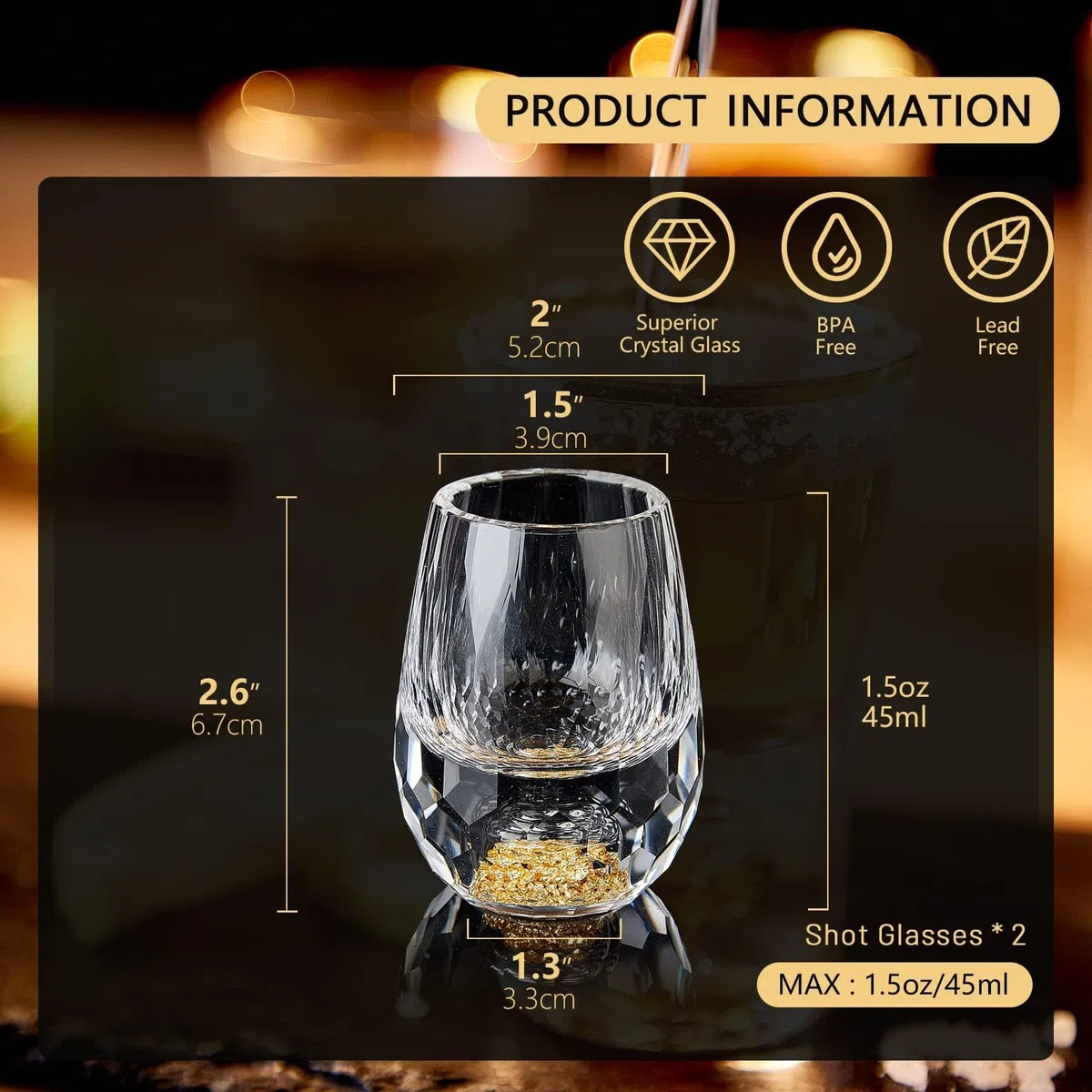 DUJUST Diamant-Schnapsgläser (4cl), kristallgläser, verziert mit 24-karätigen Blattgoldflocken, Luxuriös und Niedlich Shotgläser, BPA-frei und bleifrei, perfekt für Dekoration und Sammlung – 2 Stück