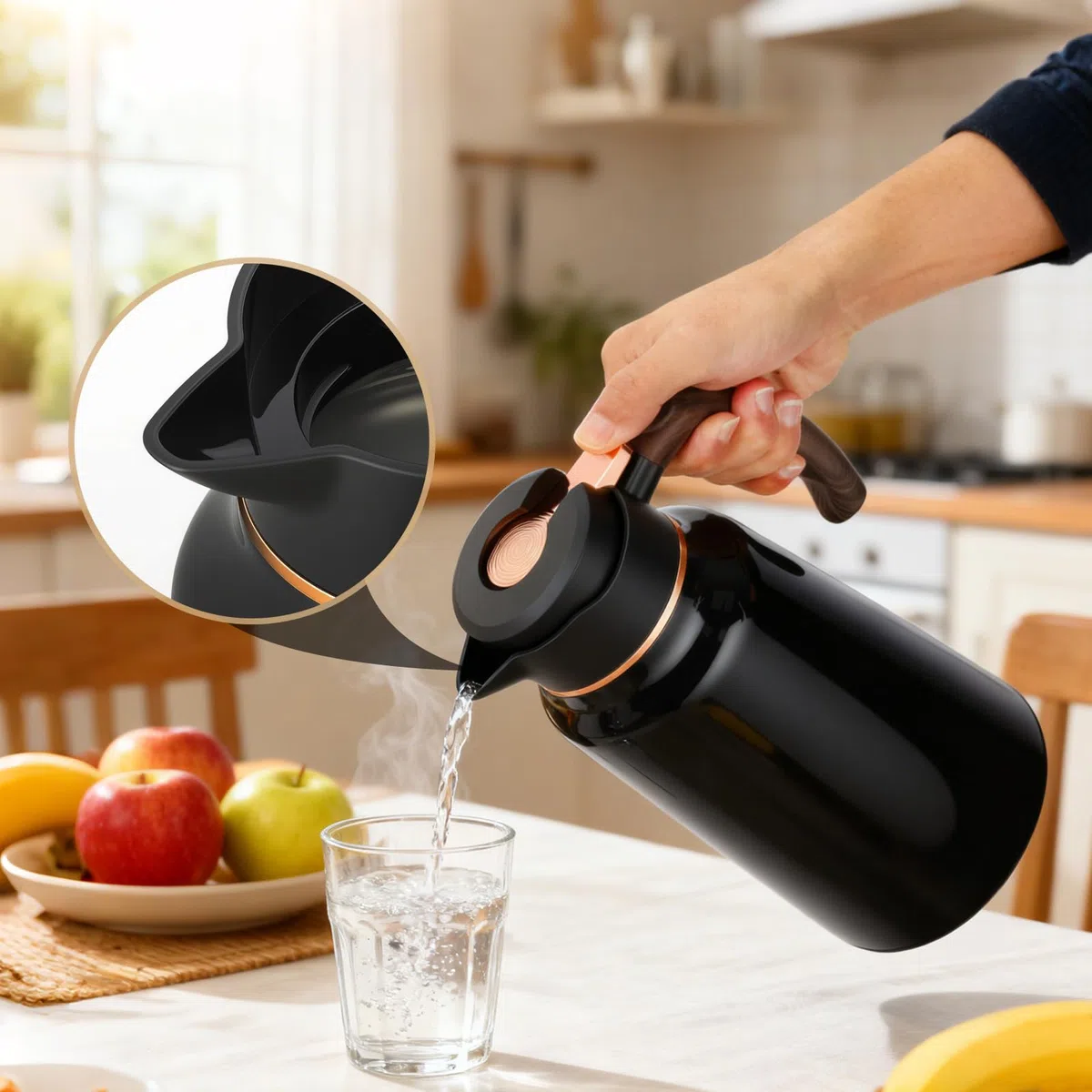 Thermoskanne, 2 Liter 304 Edelstahl Isolierkanne mit Holzoptik Griff, 24 h heiß / 24 h kalt, Kaffeekanne mit tropffreiem Ausguss, große Öffnung, zerlegbarer Deckel, Teekanne für Kaffee, Tee, Wasser