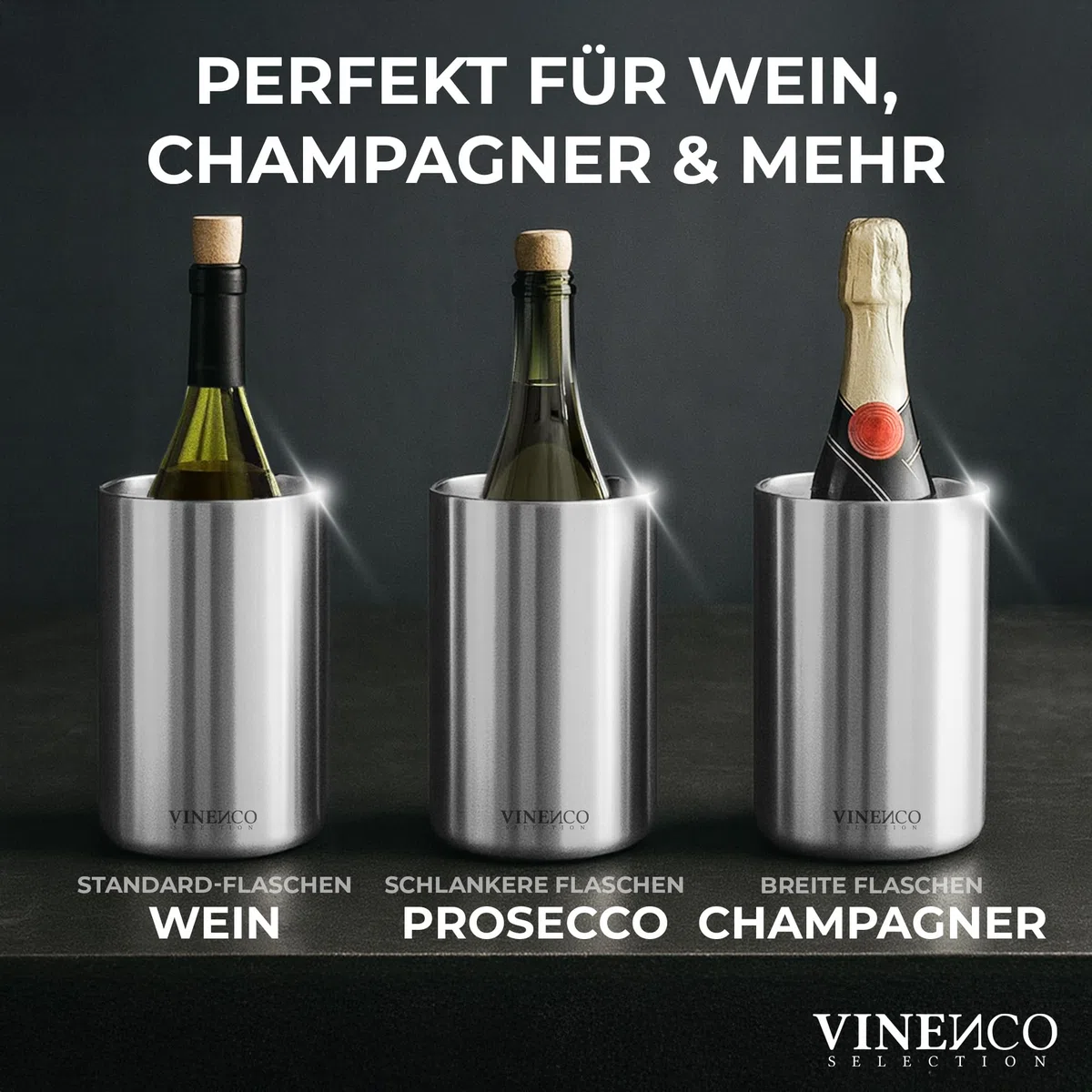 VINENCO Weinkühler Edelstahl Flaschenkühler Sektkühler Champagner Wein Kühler doppelwandig isoliert | Weinflaschenkühler Getränkekühler Weißwein | Geschenk-Set Männer Frauen Weinzubehör Geschenkidee