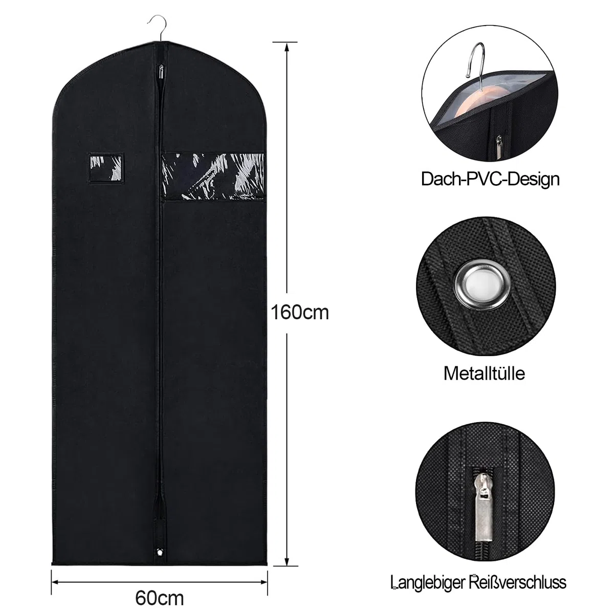 BOMEI PACK Schwarz Kleidersack Kleiderhülle Abdeckungen,atmungsaktiv, 60cmx160cm,3er-Pack,Kleidersäcke, mit transparentem Fenster und Reißverschluss staubdicht, für Anzug, Mantel, Jacke
