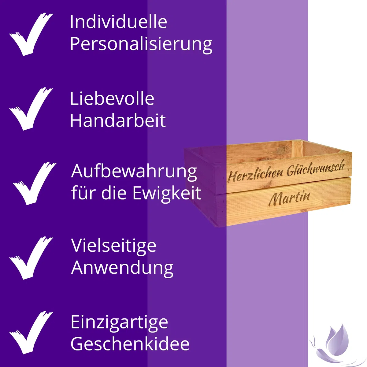 Holzkiste Personalisiert mit Wunschtext für jeden Anlass - Gravierte Erinnerungskiste Geburtstag Rente Abschied Hochzeit Geburt