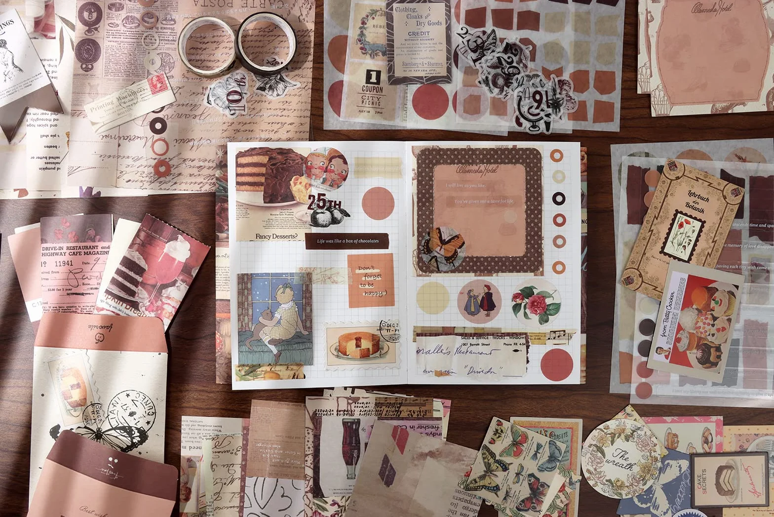 Draupnir 346 Stück Vintage Scrapbook Zubehör Set, Ästhetisches Bullet Junk Journal Kit mit A6 Raster Notizbuch, DIY Scrapbook Geschenk für Teenager - Vintage