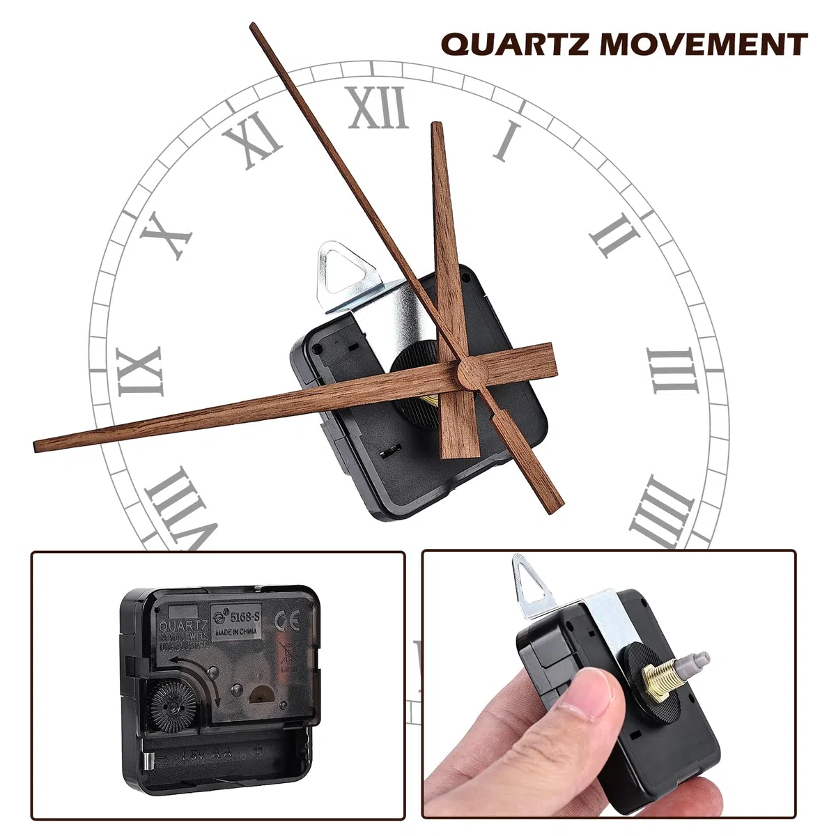 Quarz Uhrwerk & Uhrzeigern, 5 Stück Uhr Bewegung Mechanismus, Silent Uhrwerk Ersatz Kit mit Walnussholz Uhrzeigern, Wanduhr Bewegungs Mechanismus, Uhrwerk für Wanduhr(Langschaft 20 mm)