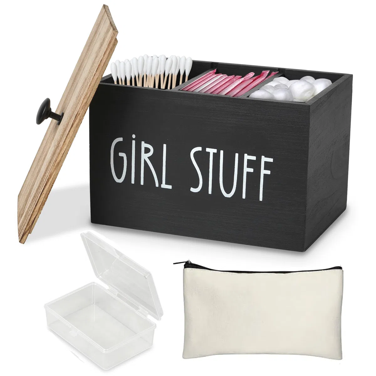 Tampon Aufbewahrungsbox 3 Fächer mit Deckel, Holz Slipeinlagen Box Organizer für Hygiene Artikel Tampons Binden Wattestäbchen inkl. Make-Up Tasche