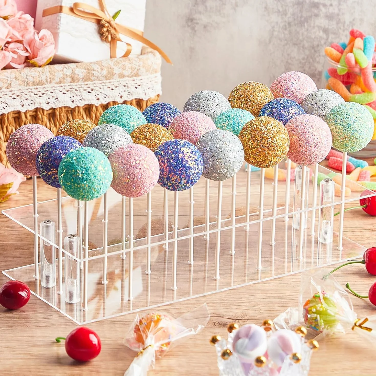 Cake-Pop-Form-Set, komplettes Set mit 1 x 20 Mulden, Silikon-Kuchenform, 21 Löcher, transparenter Acryl-Lutscher-Halter, 100 x transparente Beutel, 100 x Stäbchen und 100 x Bindebänder