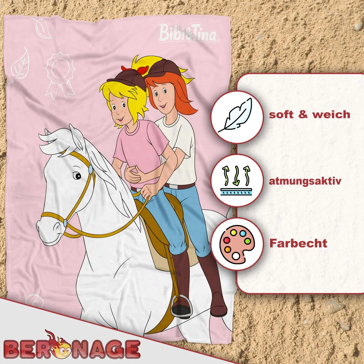 Bibi und Tina Decke - Pferde Rosa - 130 x 160 cm | Fleece-Decke mit Sabrina, Kuscheldecke, Tagesdecke, Flauschdecke | Ideal für Sofa und Bett | Martinshof, Amadeus | Kinderdecke und Geschenkidee