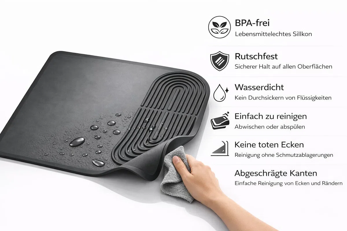 Kaffeematte aus Silikon für Kaffeemaschine, 60x40 cm, rutschfeste Unterlage mit Rand, Wasserdicht & BPA-frei, Abtropfmatte für Küchenarbeitsplatte, Schutzmatte, Schwarz