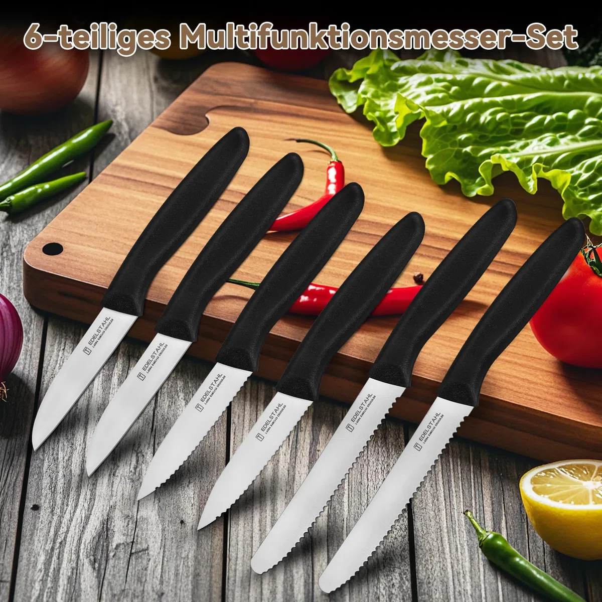 Gemüsemesser-Set,6-teilig,Multifunktionales Messer,Tomatenmesser,Ergonomischer Griff,Superscharfes Küchenmesser-Set,Gerader Schliff,Schwarz