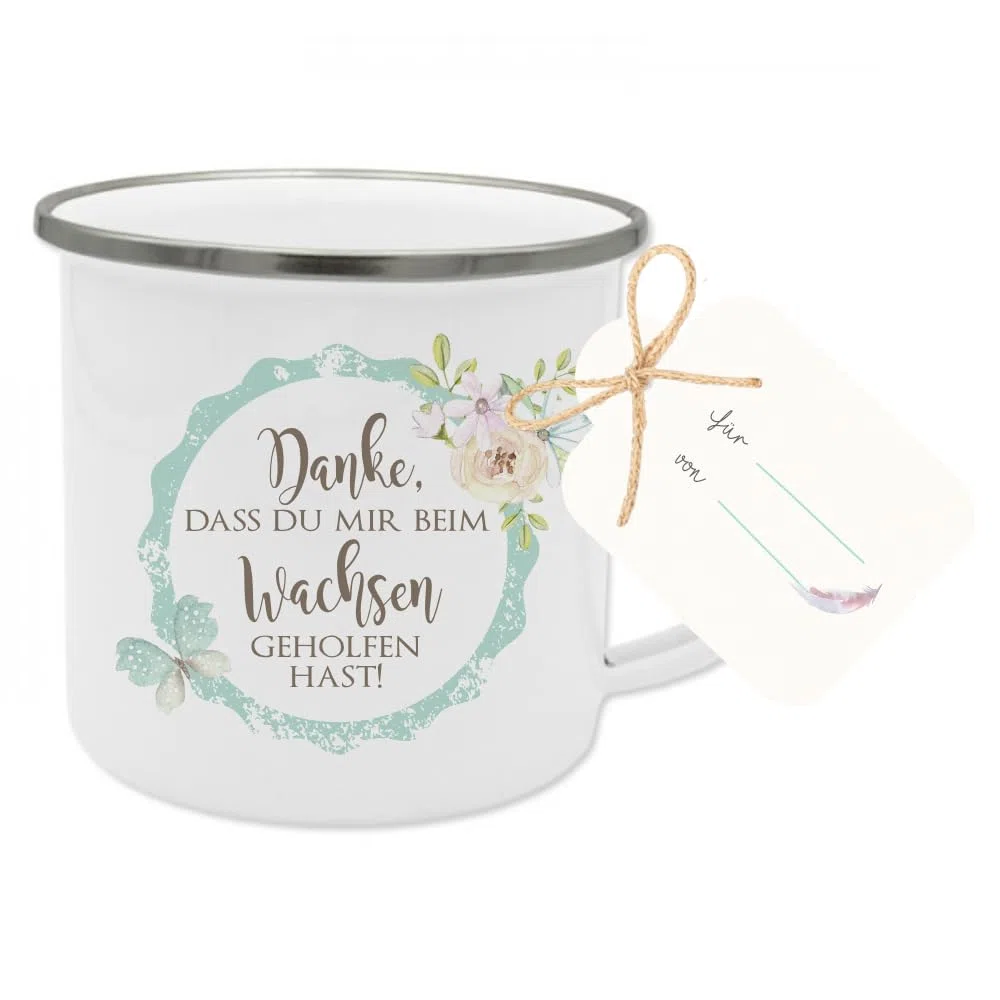 Geschenk für Erzieherin und Tagesmutter - Dankeschön Tasse mit Geschenkanhänger und Spruch "Danke, dass du mir beim Wachsen geholfen hast"
