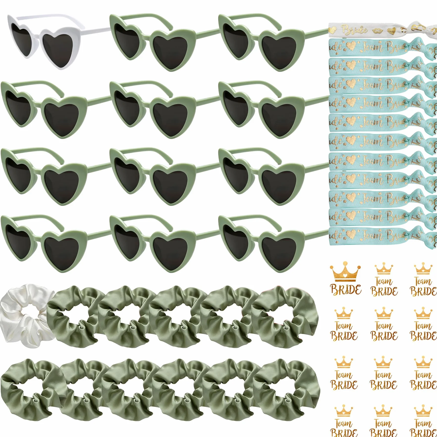 YeahBoom 48 Stück JGA Brille Team Braut,Bride to Be Herz Brille Set,12 Herz Sonnenbrille+12 Bride Haargummi+12 Bride Tattoo Aufkleber+12 Bride Armband,Jungesellinnenabschied Frau Accessoires,JGA Deko