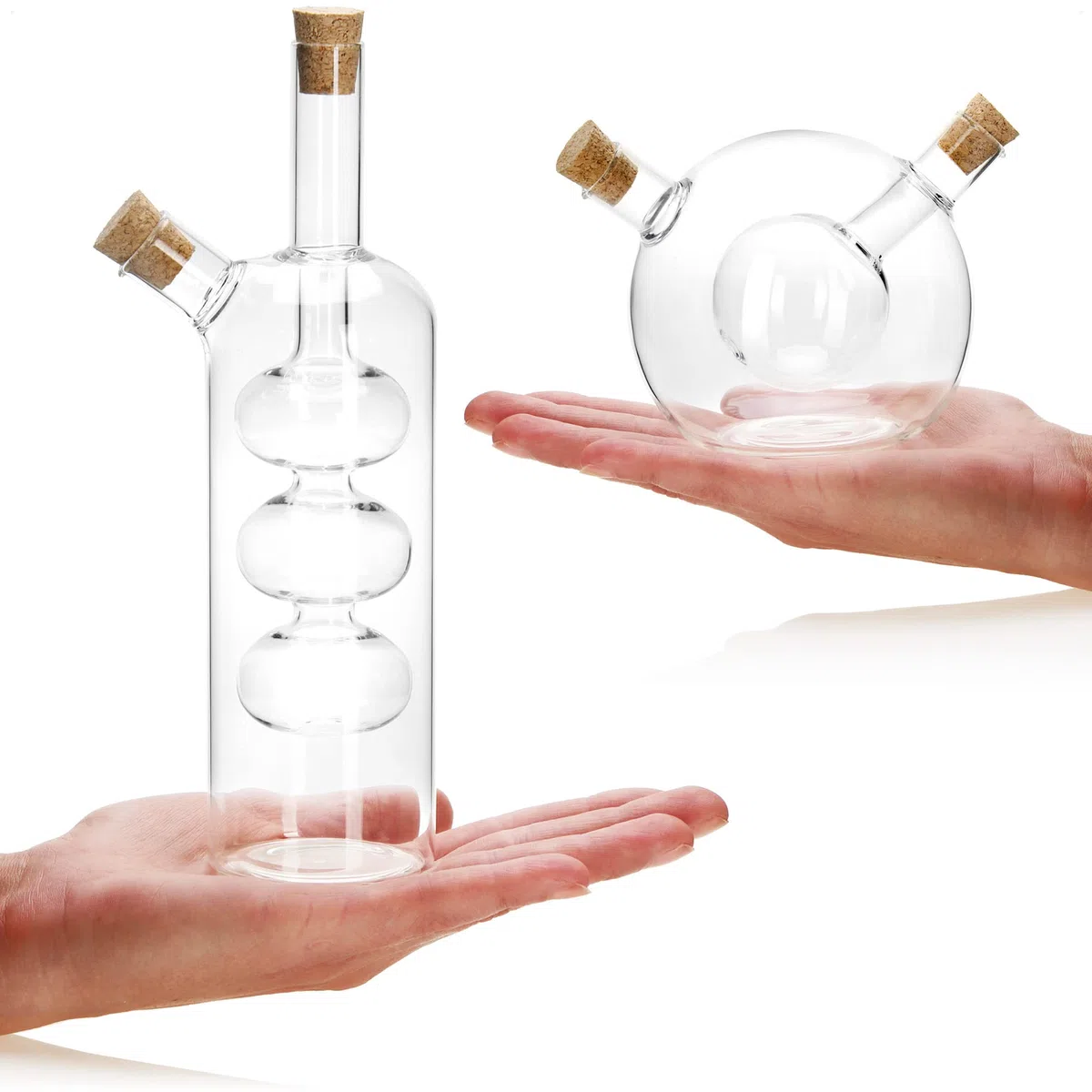 2-teiliges Ölspender Set - 2 in 1 Essig- und Ölflasche mit Korken - Glasbehälter zum Befüllen - Glasflaschen mit Einsatz und 2 Öffnungen - Glaskaraffen