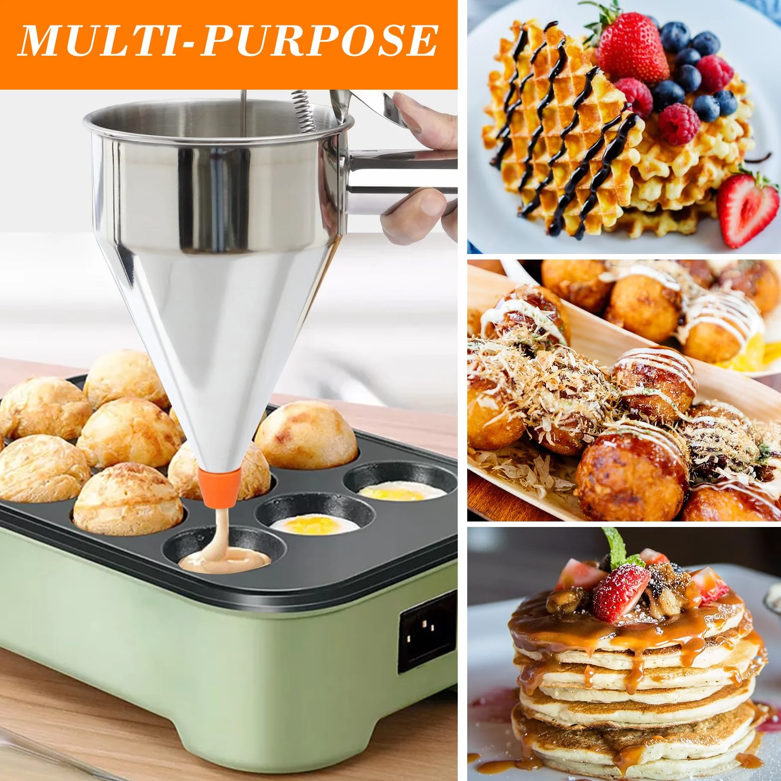 Sopito Teigspender, 600ml Pfannkuchen Teigspender Edelstahl Teigportionierer Multi-Kaliber Edelstahl Trichterkuchen-Spender mit Ständer Großartig für Pfannkuchen Desserts