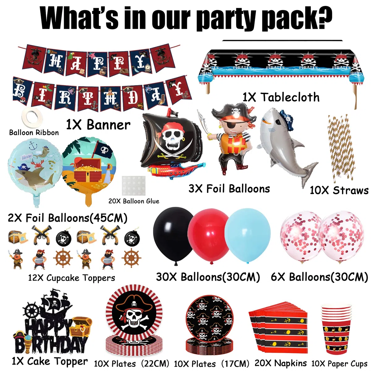Piraten Deko Kindergeburtstag Partygeschirr Set - Pirate Geschirr Pappteller Becher Servietten Strohhalme, Piratenschiff Folienballon und Happy Birthday Girlande für Geburtstagsdeko