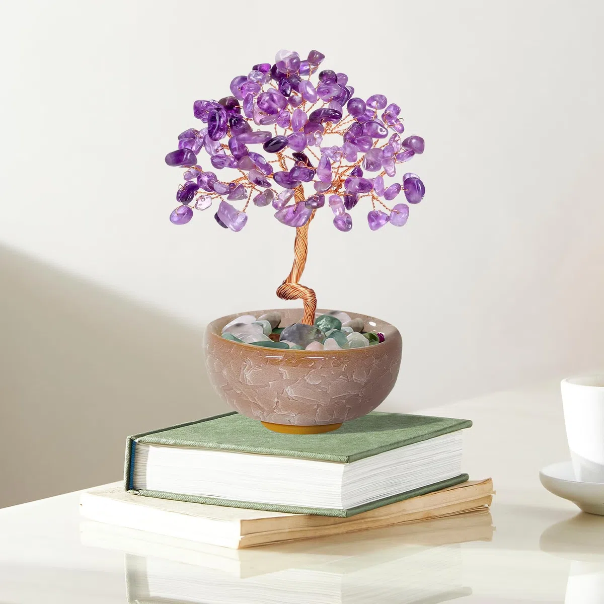Amethyst Kristallbaum des Lebens - Handgemachter Rosenquarz Edelstein-Dekobaum für Raumdekoration, Beruhigendes Zen-Geschenk für Frauen