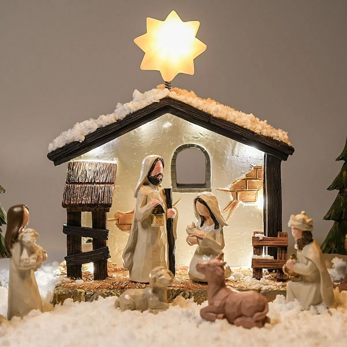 Krippenfiguren Set, Krippe Weihnachten, Nativity Scene, Krippenfiguren mit Beleuchtung, Weihnachtsdekoration Indoor (13er Set)