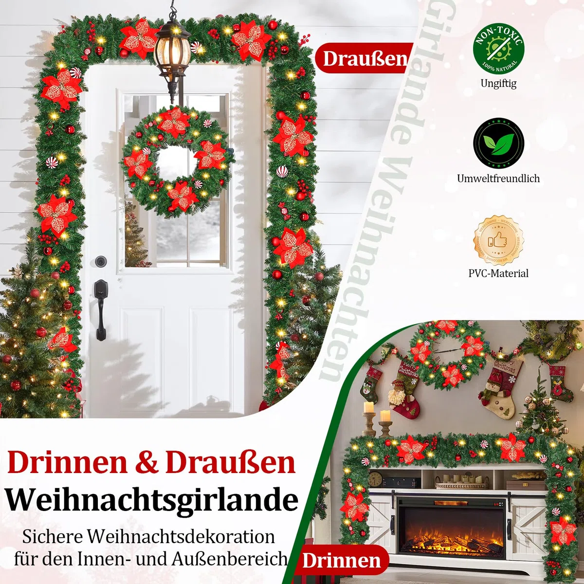 270cm Weihnachtsgirlande, Weihnachtsdeko Girlande mit Beleuchtung, 30 LED Weihnachtsdeko Girlande, Künstlicher Weihnachtsgirlande, Kamin & draußen, Weihnachtsdekoration