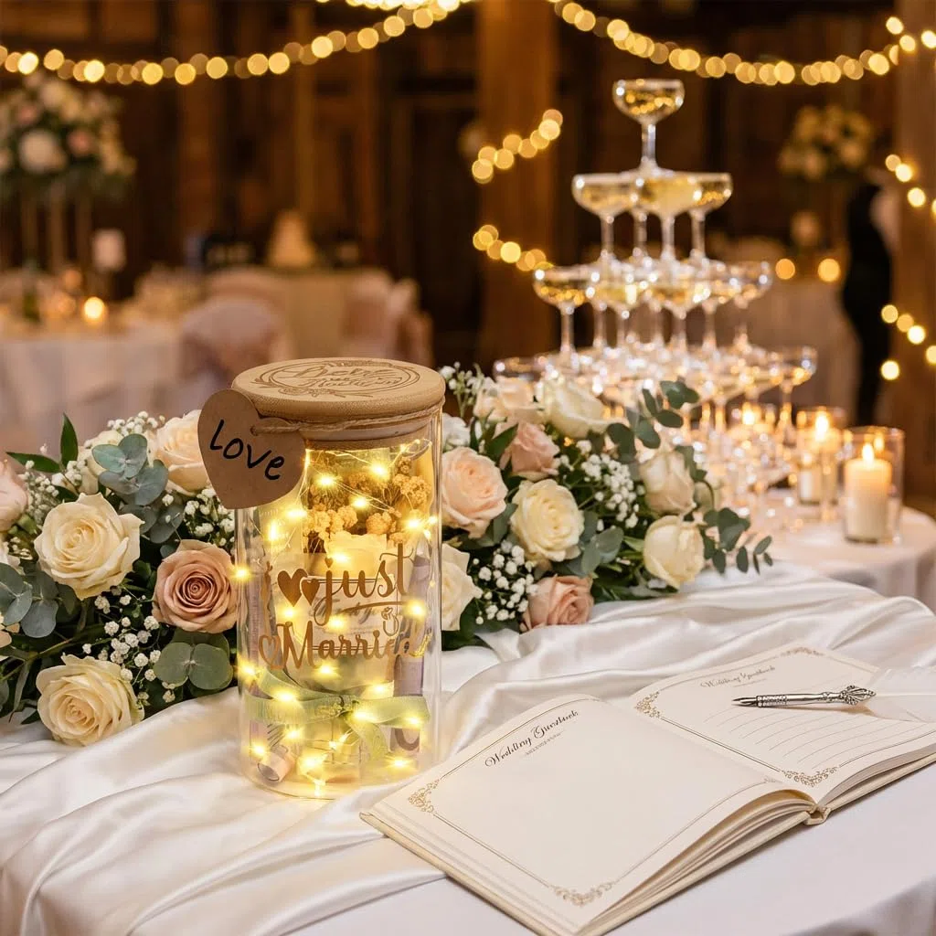 Hochzeitsgeschenke für Brautpaar, Alles Liebe zur Hochzeit, LED Flaschenlicht, Hochzeitsgeschenk Geld mit Trockenblumen, Anhänger und LED-Leuchten, Geldgeschenke Hochzeit Verpackung, Just Married