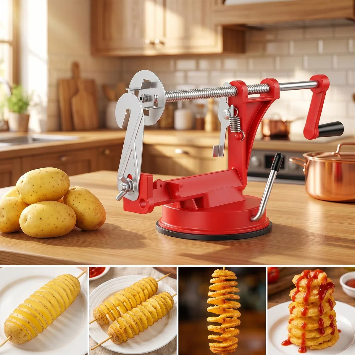 Spiralschneider Kartoffel, Apfelschneider Kartoffel, Manueller Edelstahl Spiralschneider mit Rutschfester Griff Chipsmaschine für Obst Kartoffeln Tornado Chips Gurken