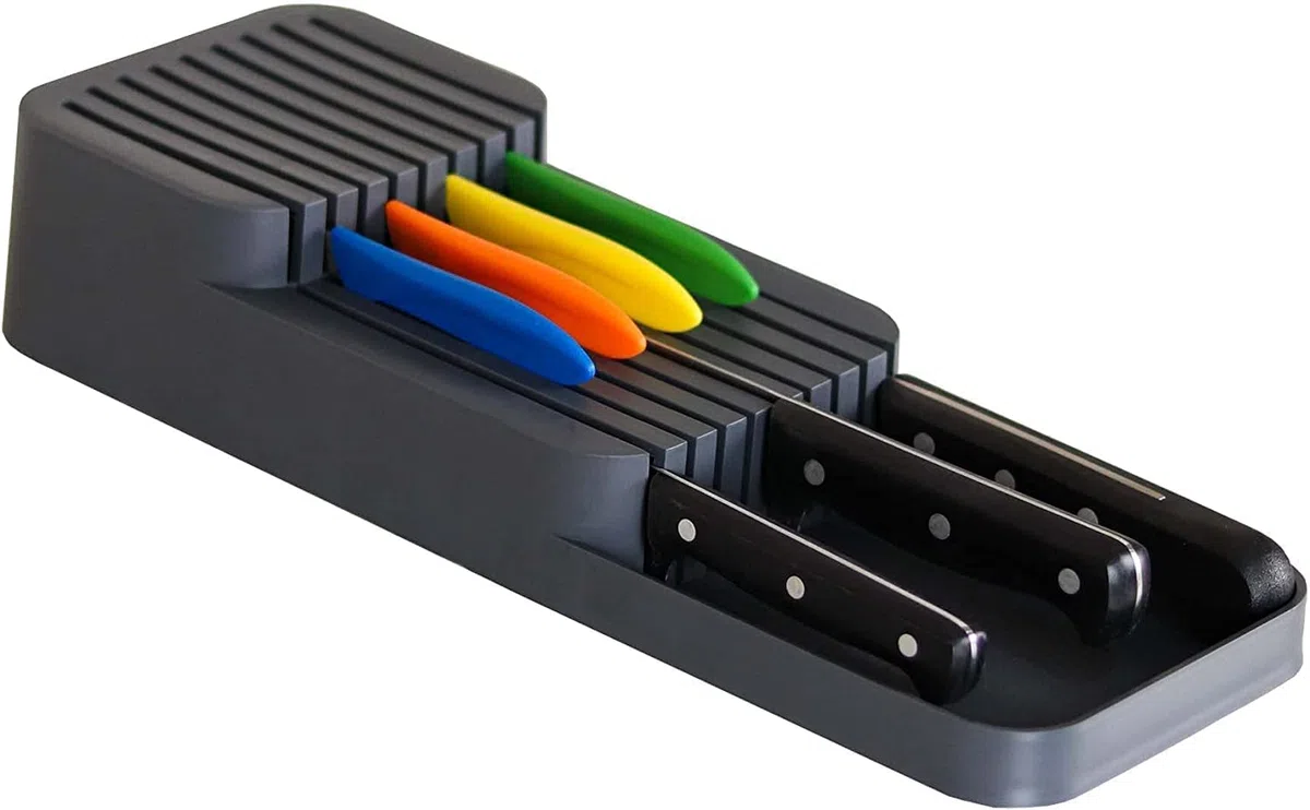 Messerorganizer für 18 Messer – zweistufiger Messerblock für Küchenschublade oder freistehend, rutschfest, platzsparend, dunkelgrau (39 x 14 cm)