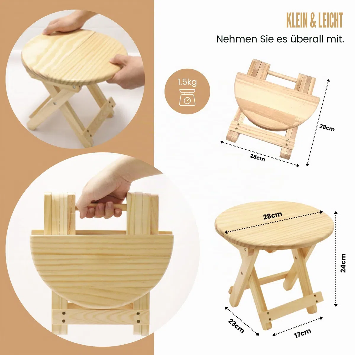 MAGIC SELECT Mini Klapphocker aus Holz. Reisesitz, Runder Kinderhocker, Tragbarer Fußhocker für Zuhause, Badezimmer, Küche, Garten, Büro, Reisen. Unterstützt 90 kg.