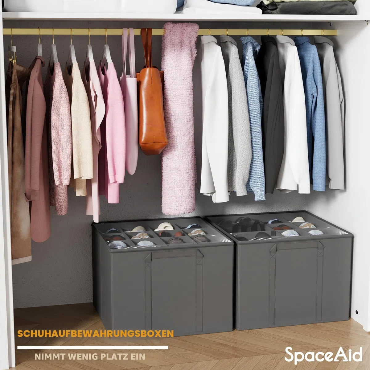 SpaceAid Schuh-Organizer für Schrank, faltbare Schuhaufbewahrungsbehälter, Körbe, Boxen mit verstellbaren Trennwänden, passend für 16–32 Paar, grau