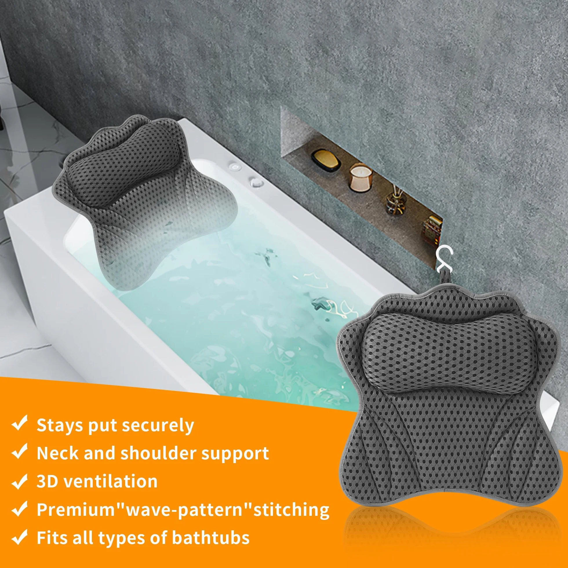 Badewannenkissen, Badewannenkissen Nacken, Nackenkissen für Badewanne mit 6 Saugnäpfen, mittels 4D-Air-Mesh-Technologie, stützt Kopf, Nacken, Schultern, Rücken, passend für alle Badewannen (Grau)