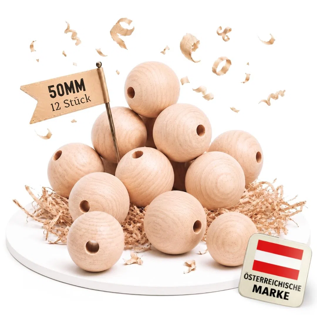 EV® Holzkugeln mit Loch - 12 Stück 50mm Durchmesser - Made in Austria - Große Holzperlen zum Auffädeln mit 8mm Bohrung, Gedrechselt aus Hochwertigem Buchenholz
